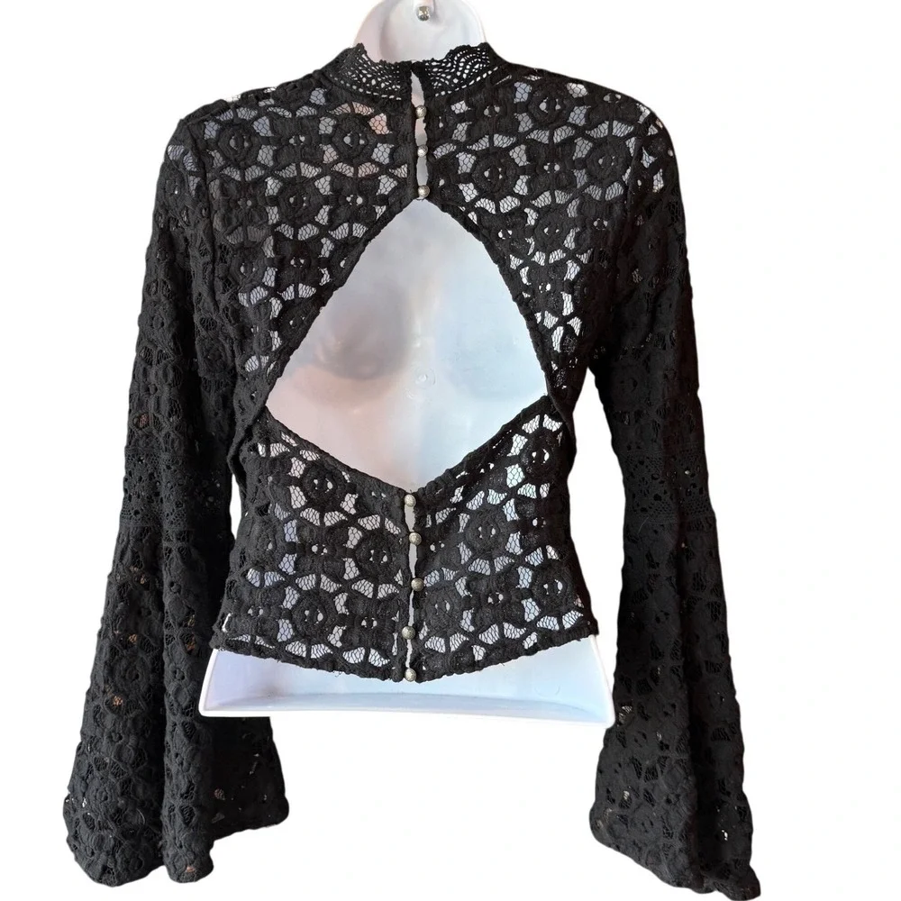 Free People Lace Cutout Bell Sleeve Mock Neck Top Blouse Black Size X-Small